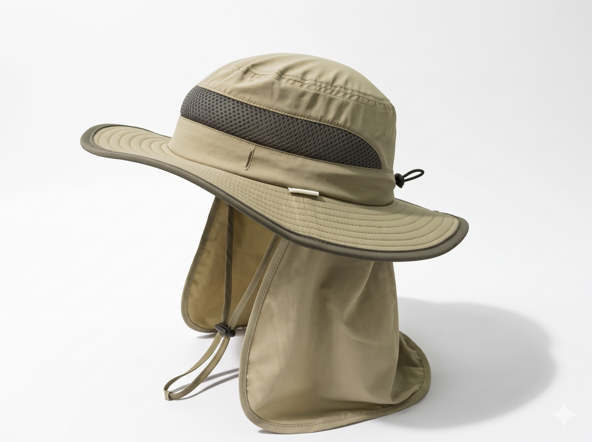 The Solace sun hat in Desert Scout, angled view with removable neck flap