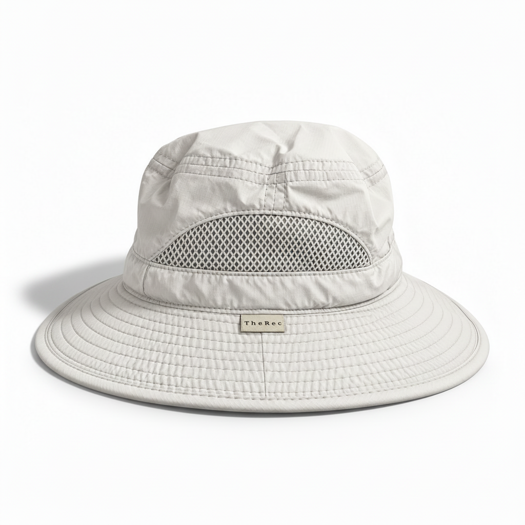 The Canopy packable bucket hat worn outdoors, Clear Sky colourway