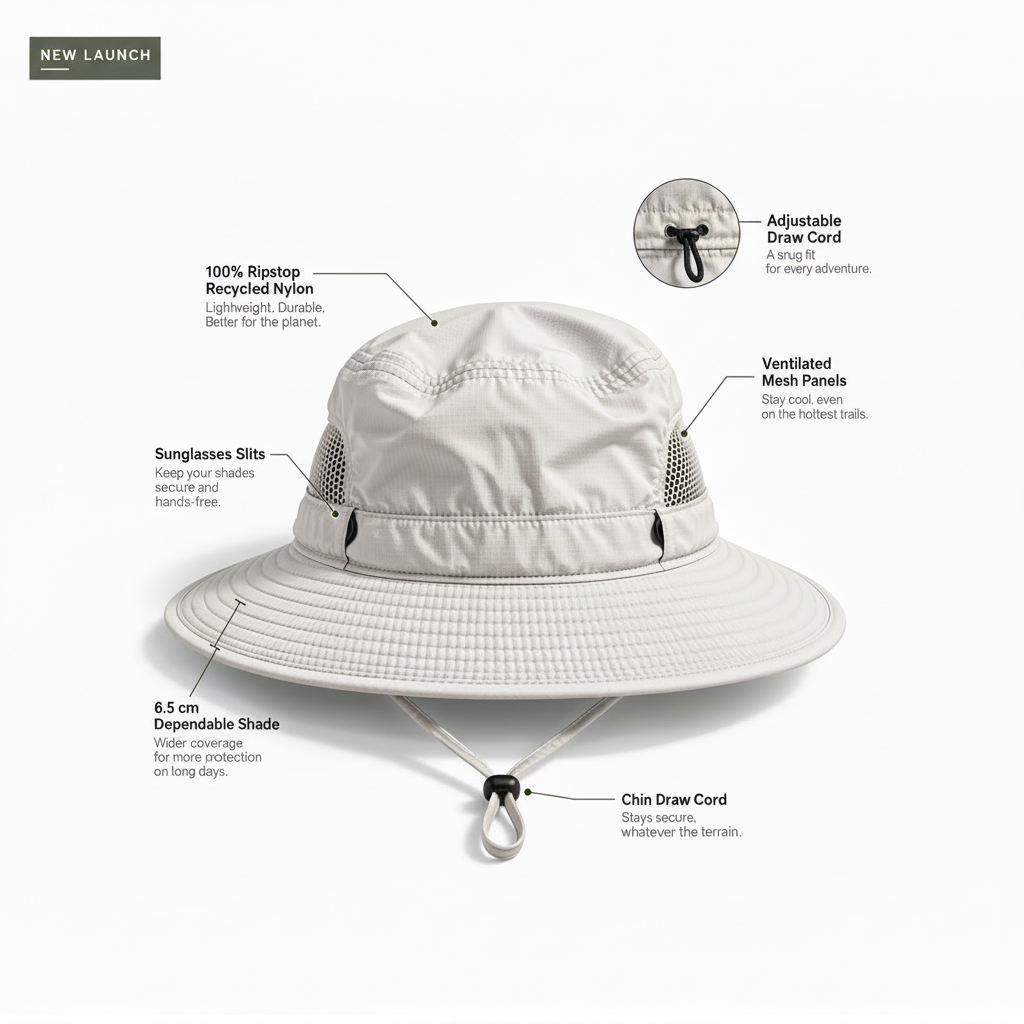 The Canopy bucket hat side view showing mesh ventilation panel, Clear Sky colourway