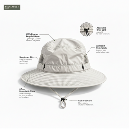 The Canopy bucket hat side view showing mesh ventilation panel, Clear Sky colourway