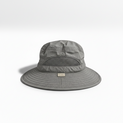 The Canopy bucket hat side view showing mesh ventilation panel, Dusky Sky colourway
