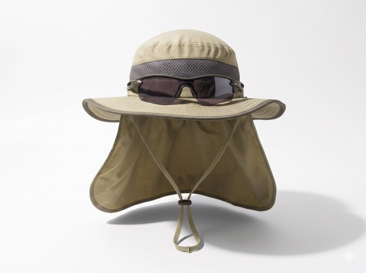 The Solace sun hat in Desert Scout, front view with neck flap and sunglasses