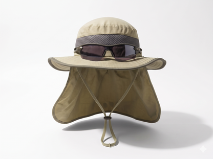 The Solace sun hat in Desert Scout, front view with neck flap and sunglasses
